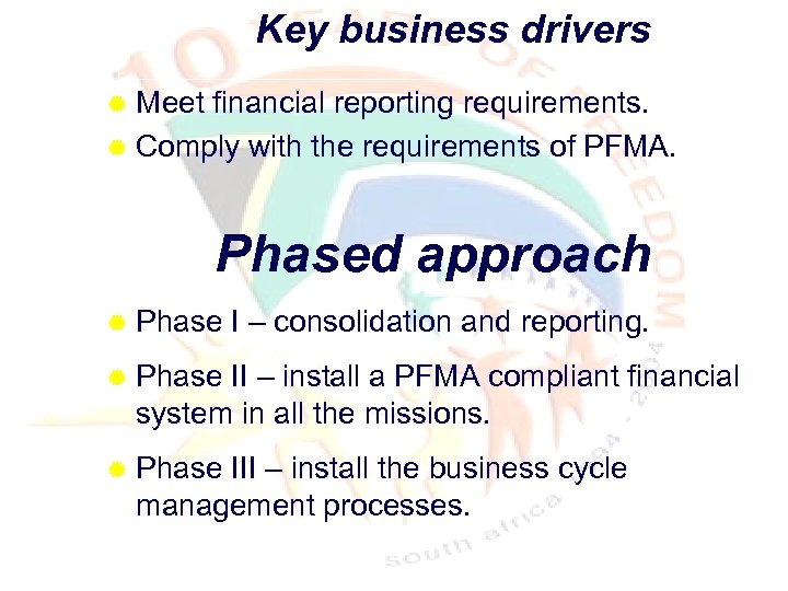 Key business drivers ® Meet financial reporting requirements. ® Comply with the requirements of
