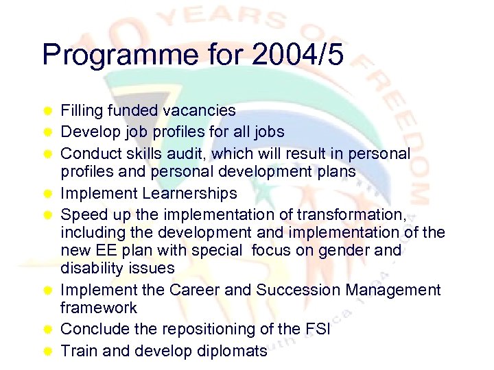 Programme for 2004/5 ® ® ® ® Filling funded vacancies Develop job profiles for