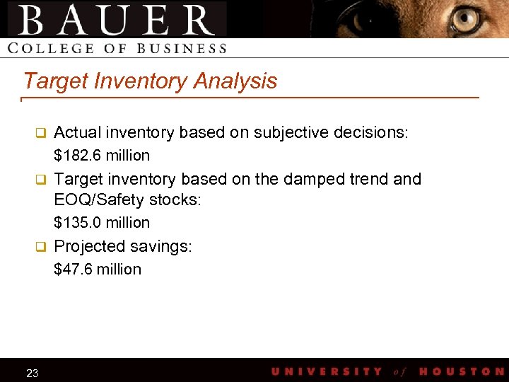 Target Inventory Analysis q Actual inventory based on subjective decisions: $182. 6 million q