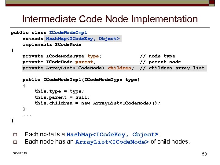 Intermediate Code Node Implementation public class ICode. Node. Impl extends Hash. Map<ICode. Key, Object>