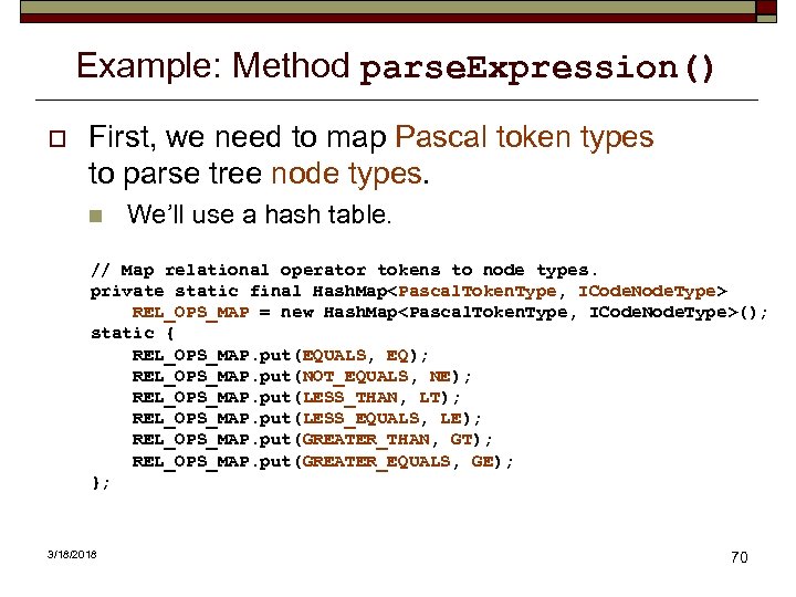 Example: Method parse. Expression() o First, we need to map Pascal token types to