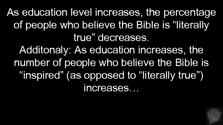 As education level increases, the percentage of people who believe the Bible is “literally