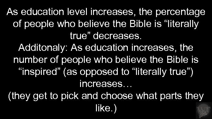 As education level increases, the percentage of people who believe the Bible is “literally