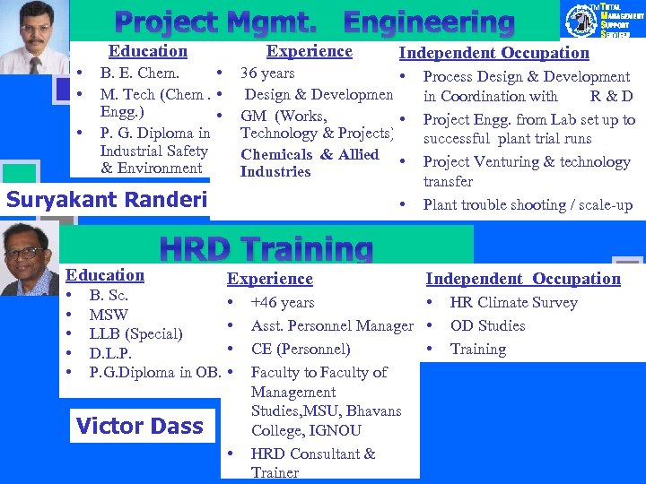 Project Mgmt. Engineering Education • • • Experience B. E. Chem. • M. Tech