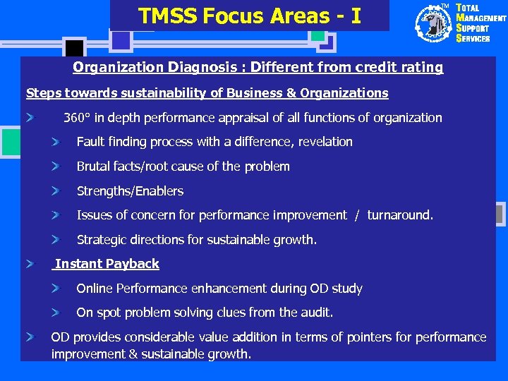 TMSS Focus Areas - I TM Organization Diagnosis : Different from credit rating Steps