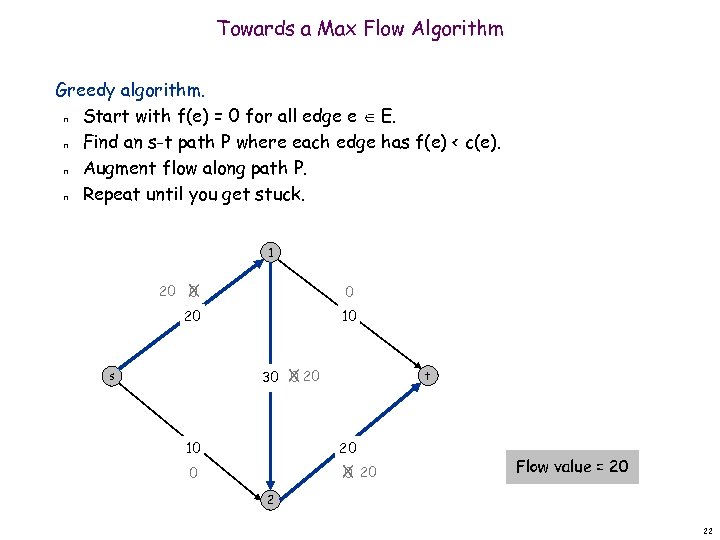 Towards a Max Flow Algorithm Greedy algorithm. Start with f(e) = 0 for all