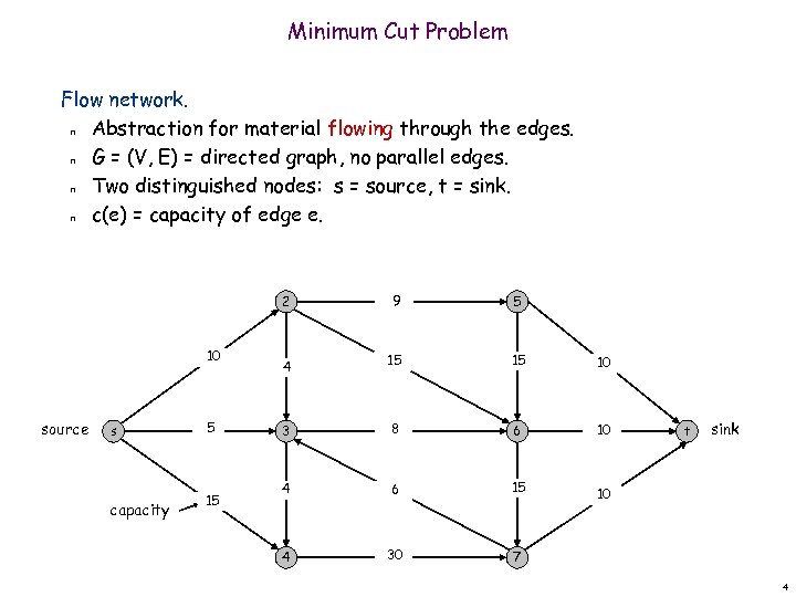 Minimum Cut Problem Flow network. Abstraction for material flowing through the edges. G =