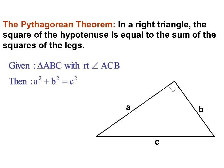 The Pythagorean Theorem: In a right triangle, the square of the hypotenuse is equal