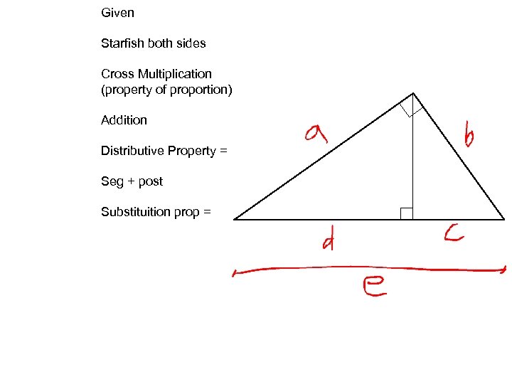 Given Starfish both sides Cross Multiplication (property of proportion) Addition Distributive Property = Seg