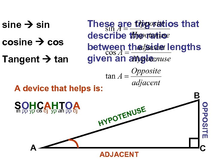 sine sin cosine cos Tangent tan These are trig ratios that describe the ratio
