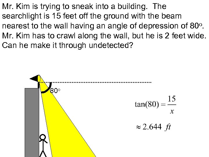 Mr. Kim is trying to sneak into a building. The searchlight is 15 feet