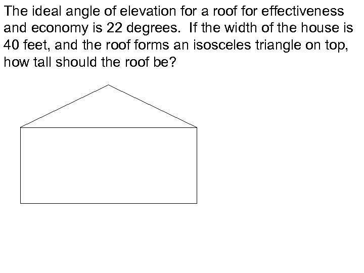 The ideal angle of elevation for a roof for effectiveness and economy is 22