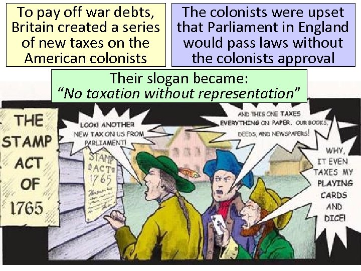 To pay off war debts, The colonists were upset Britain created a series that