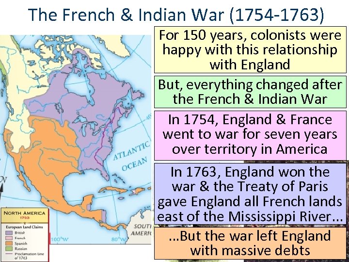 The French & Indian War (1754 -1763) For 150 years, colonists were happy with