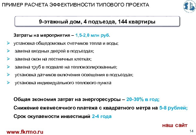 ПРИМЕР РАСЧЕТА ЭФФЕКТИВНОСТИ ТИПОВОГО ПРОЕКТА 9 -этажный дом, 4 подъезда, 144 квартиры Затраты на