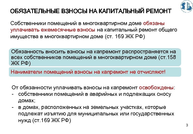 ОБЯЗАТЕЛЬНЫЕ ВЗНОСЫ НА КАПИТАЛЬНЫЙ РЕМОНТ Собственники помещений в многоквартирном доме обязаны уплачивать ежемесячные взносы
