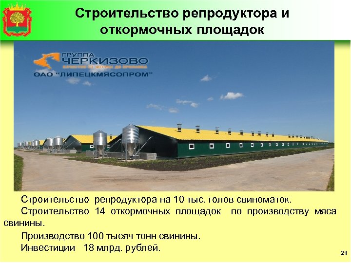 Строительство репродуктора и откормочных площадок Строительство репродуктора на 10 тыс. голов свиноматок. Строительство 14