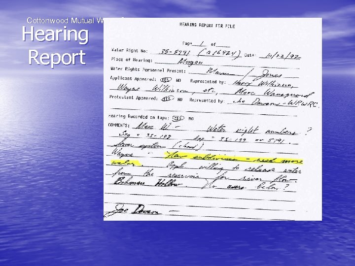 Cottonwood Mutual Water Company Hearing Report 