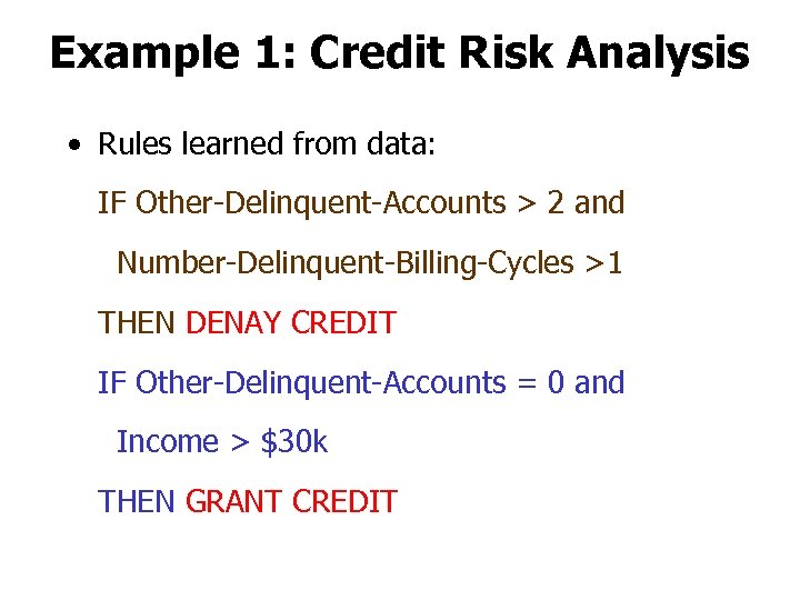 Example 1: Credit Risk Analysis • Rules learned from data: IF Other-Delinquent-Accounts > 2