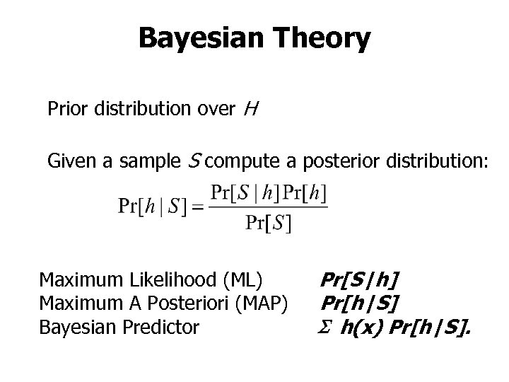 Bayesian Theory Prior distribution over H Given a sample S compute a posterior distribution: