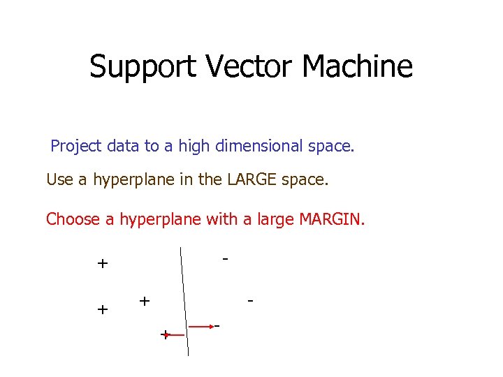 Support Vector Machine Project data to a high dimensional space. Use a hyperplane in