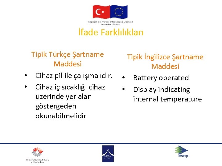 İfade Farklılıkları Tipik Türkçe Şartname Maddesi • Cihaz pil ile çalışmalıdır. • Cihaz iç