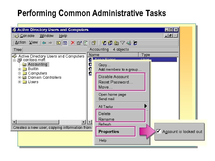 Performing Common Administrative Tasks Active Directory Users and Computers Console Window Help Action View