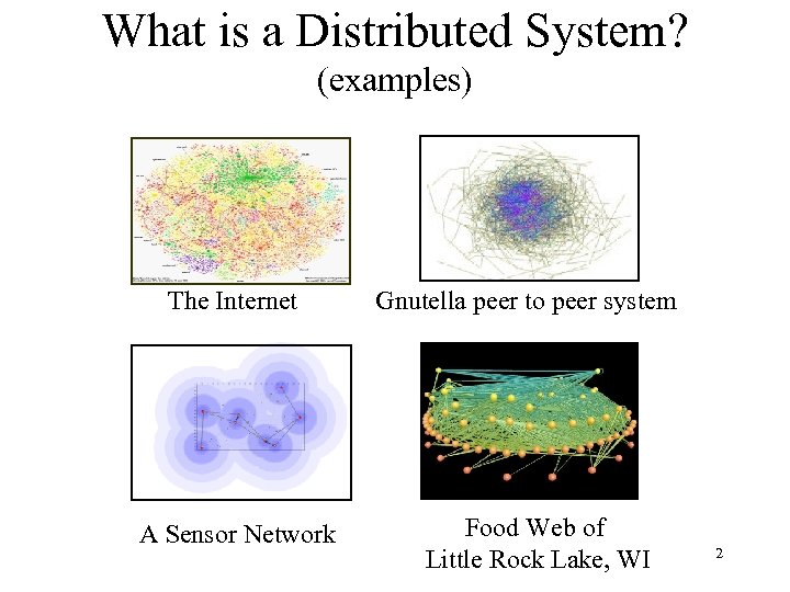 What is a Distributed System? (examples) The Internet A Sensor Network Gnutella peer to