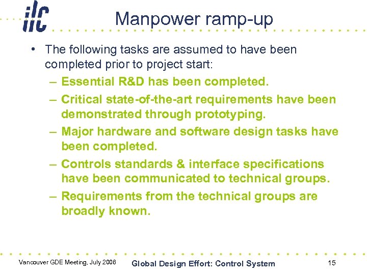 Manpower ramp-up • The following tasks are assumed to have been completed prior to