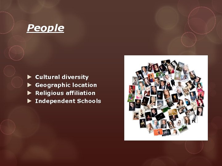 People Cultural diversity Geographic location Religious affiliation Independent Schools 