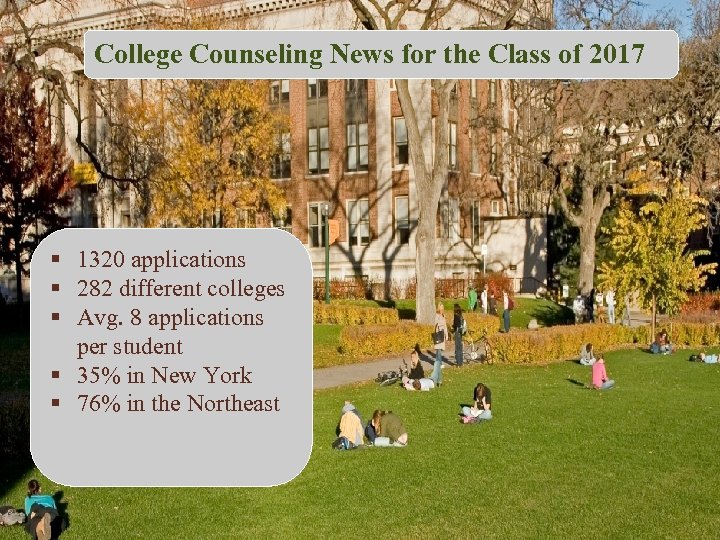 College Counseling News for the Class of 2017 § 1320 applications § 282 different