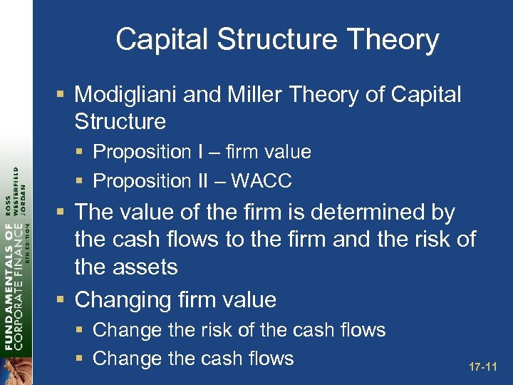 Capital Structure Theory § Modigliani and Miller Theory of Capital Structure § Proposition I
