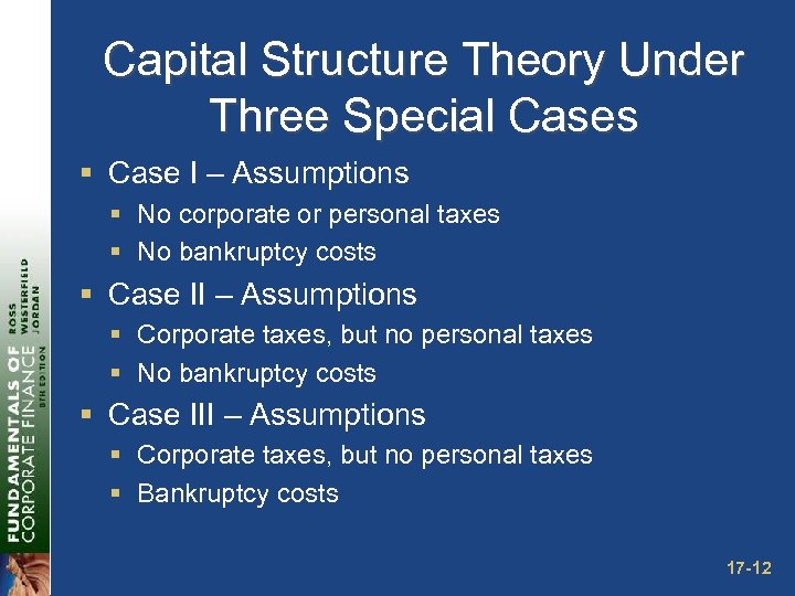 Capital Structure Theory Under Three Special Cases § Case I – Assumptions § No