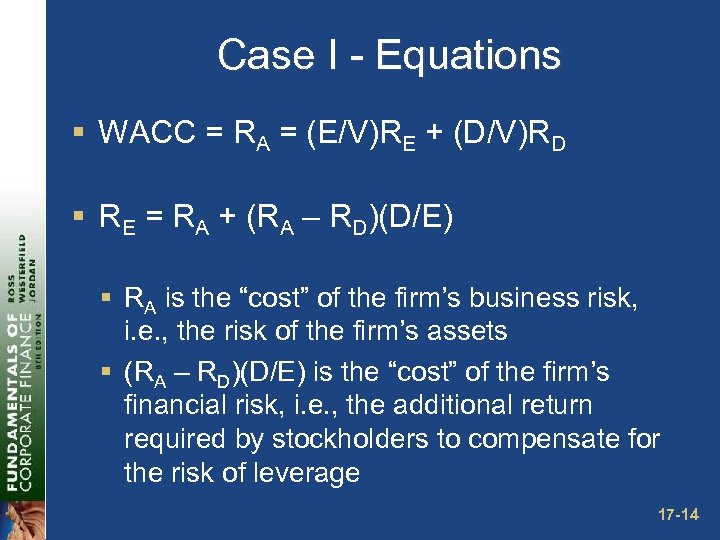 Case I - Equations § WACC = RA = (E/V)RE + (D/V)RD § RE
