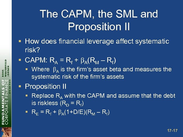 The CAPM, the SML and Proposition II § How does financial leverage affect systematic