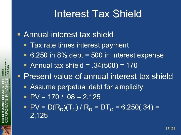 Interest Tax Shield § Annual interest tax shield § Tax rate times interest payment