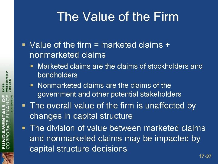 The Value of the Firm § Value of the firm = marketed claims +