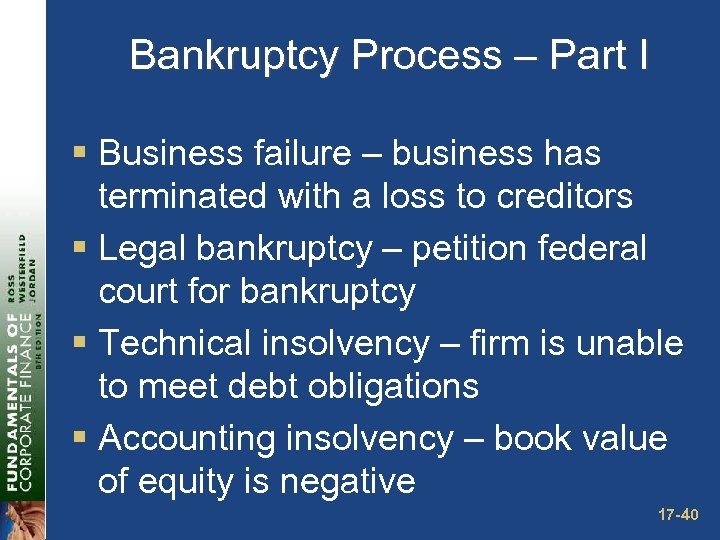 Bankruptcy Process – Part I § Business failure – business has terminated with a