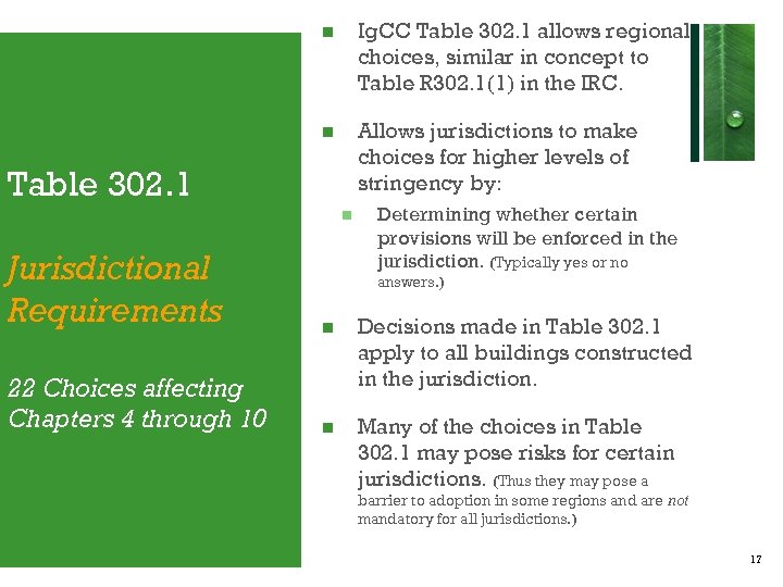  Ig. CC Table 302. 1 allows regional choices, similar in concept to Table