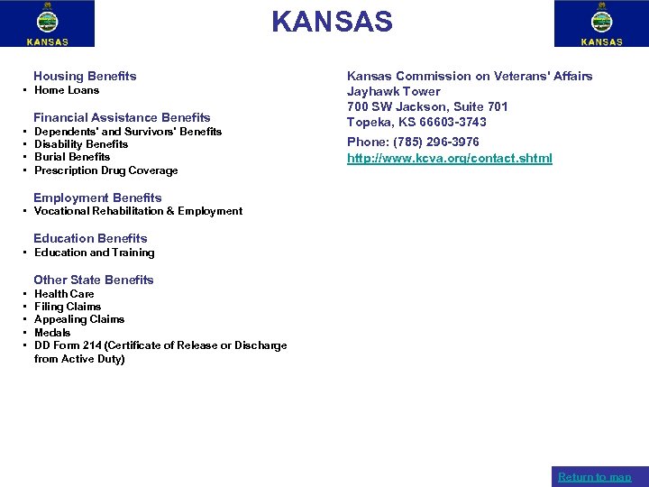 KANSAS Housing Benefits • Home Loans Financial Assistance Benefits • • Dependents' and Survivors'