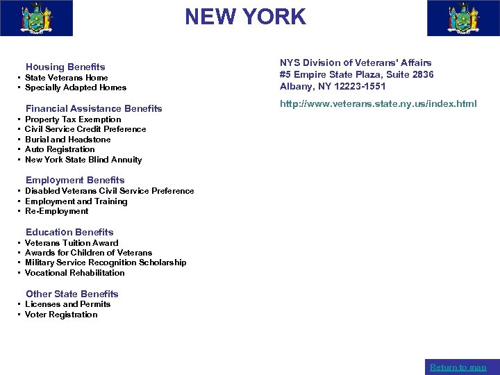 NEW YORK Housing Benefits • State Veterans Home • Specially Adapted Homes Financial Assistance