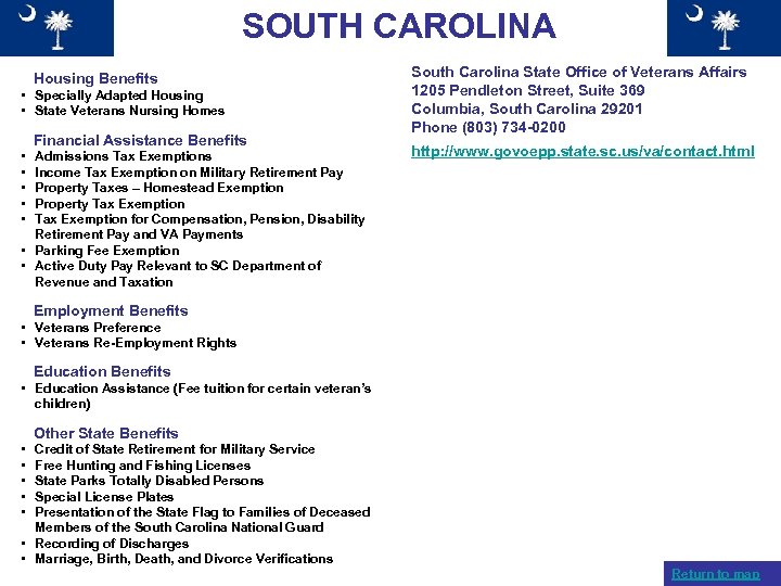 SOUTH CAROLINA Housing Benefits • Specially Adapted Housing • State Veterans Nursing Homes Financial
