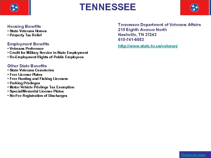 TENNESSEE Housing Benefits • State Veterans Homes • Property Tax Relief Employment Benefits •
