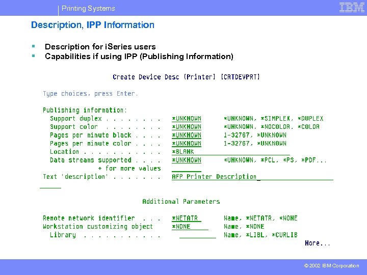 Printing Systems Description, IPP Information § § Description for i. Series users Capabilities if