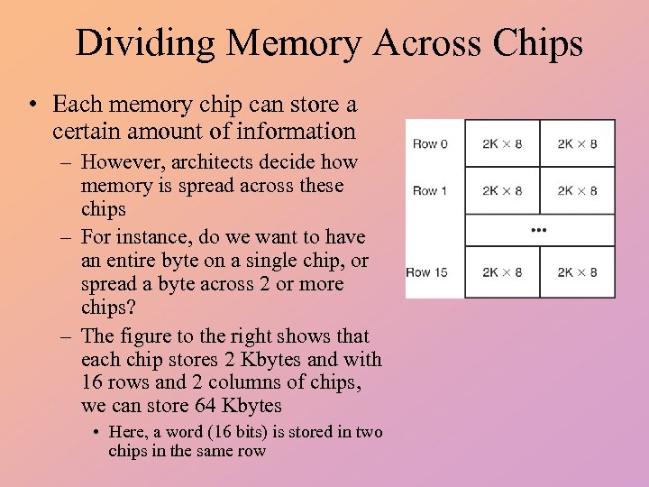 Dividing Memory Across Chips • Each memory chip can store a certain amount of