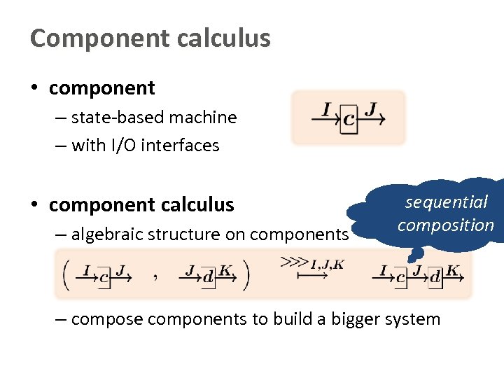 Component calculus • component – state-based machine – with I/O interfaces • component calculus