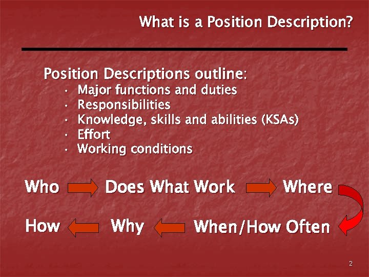 What is a Position Description? Position Descriptions outline: • • • Who How Major