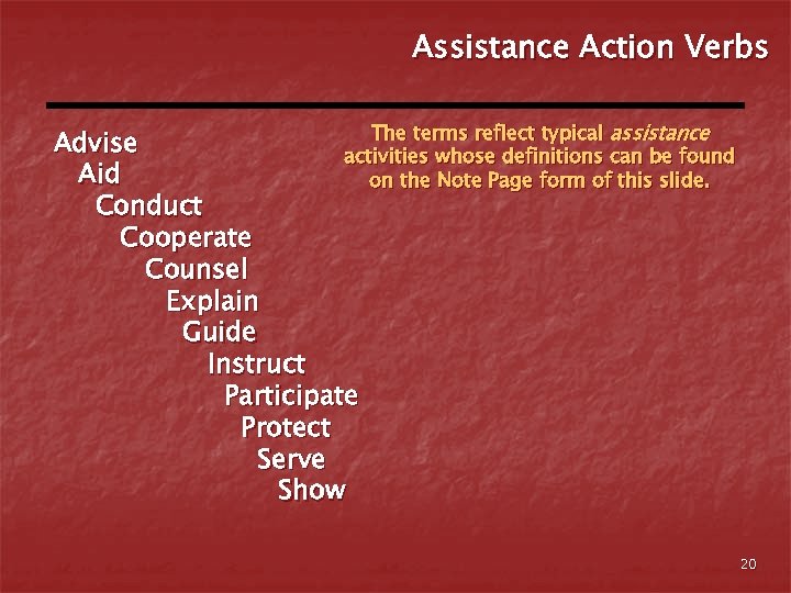 Assistance Action Verbs The terms reflect typical assistance Advise activities whose definitions can be