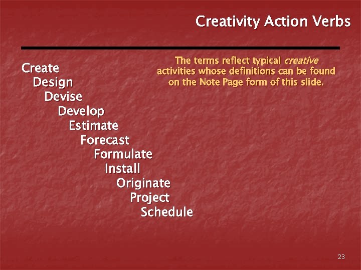 Creativity Action Verbs The terms reflect typical creative activities whose definitions can be found