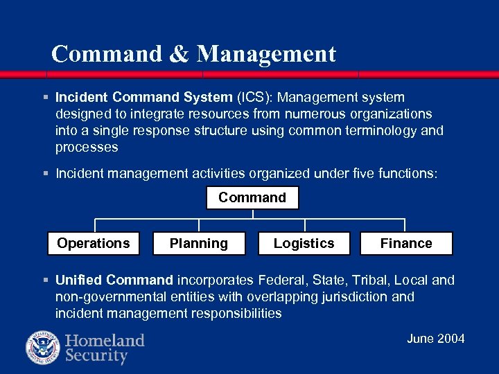 Command & Management § Incident Command System (ICS): Management system designed to integrate resources